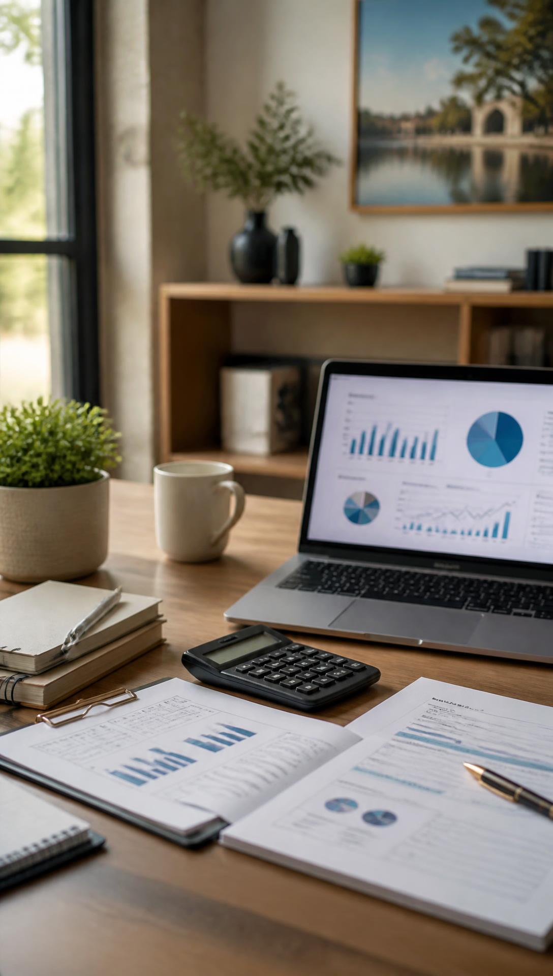 Organized bookkeeping workspace with QuickBooks dashboard for a Georgetown small business