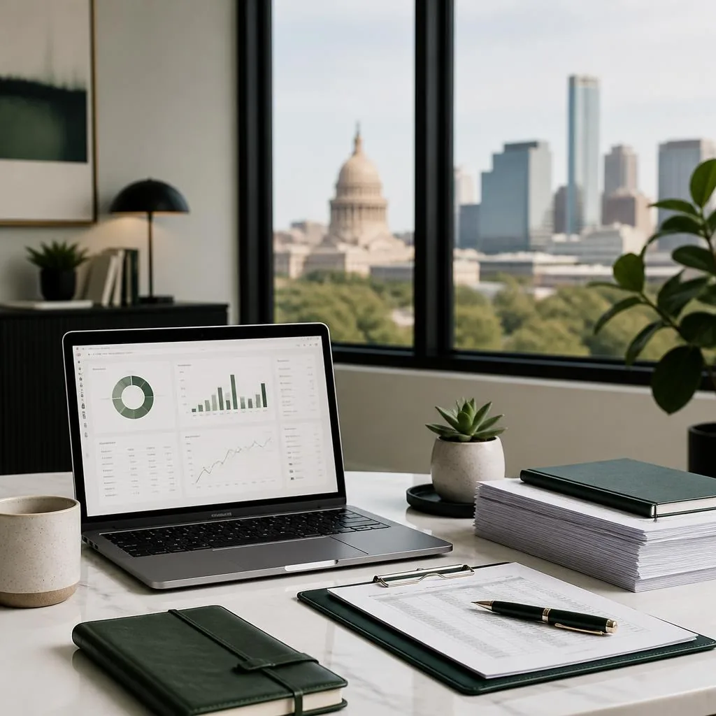 Clean desk with QuickBooks dashboard and Austin skyline in the background