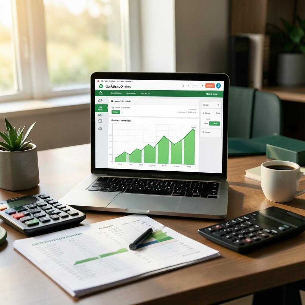 Organized bookkeeping workspace with QuickBooks dashboard for a Leander small business