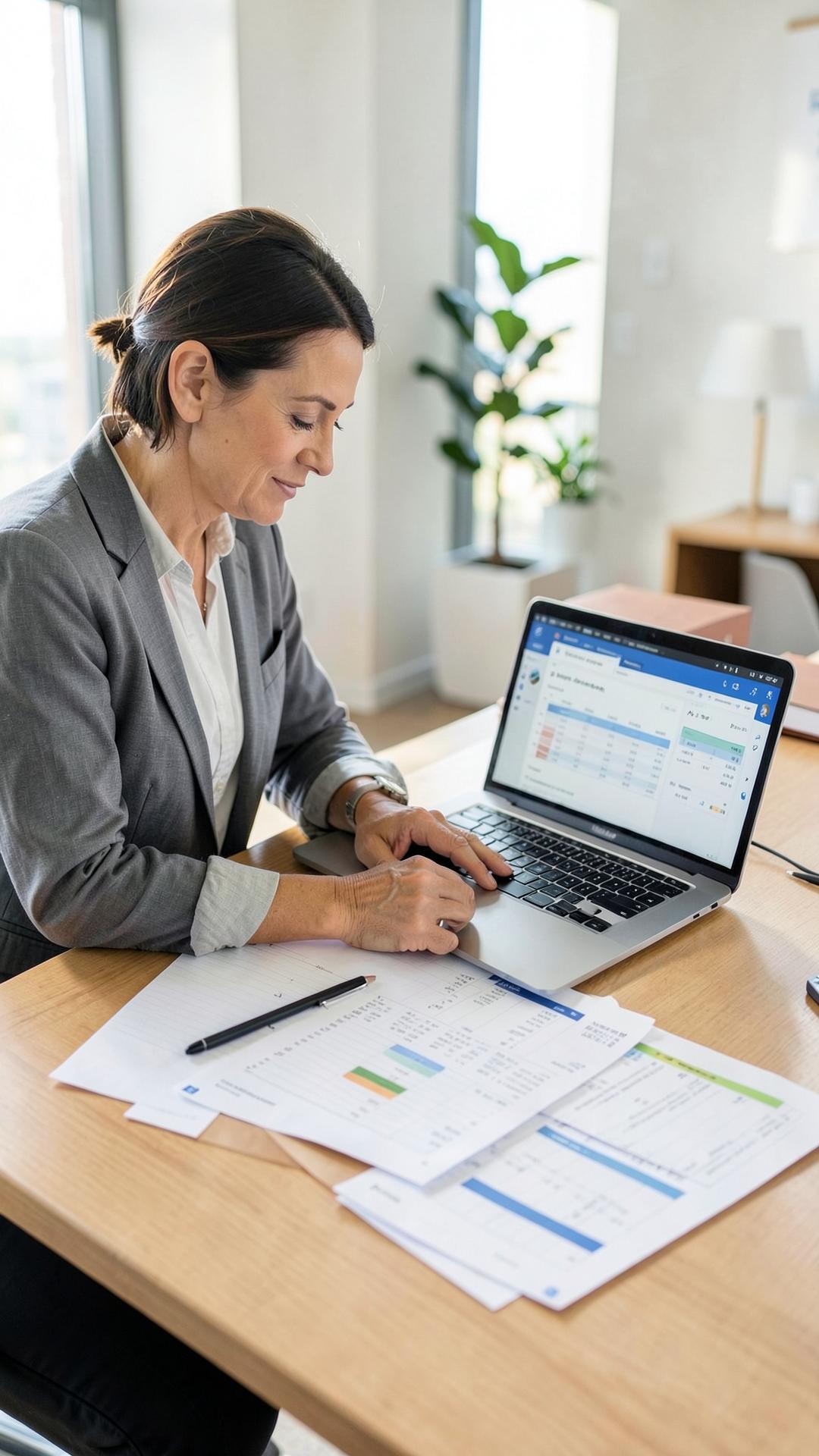 Organized bookkeeping workspace with QuickBooks dashboard for a Pflugerville small business