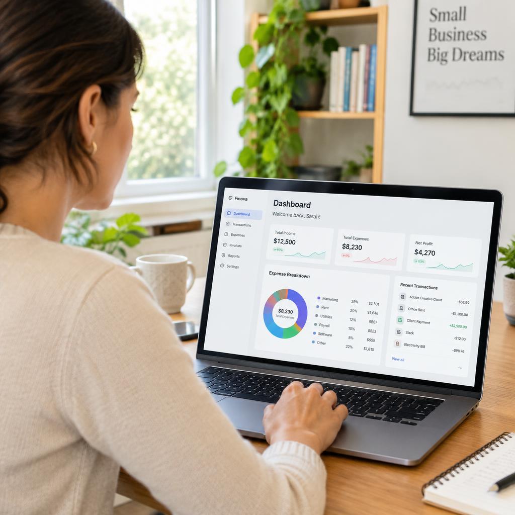 Small business owner reviewing an online accounting dashboard in QuickBooks