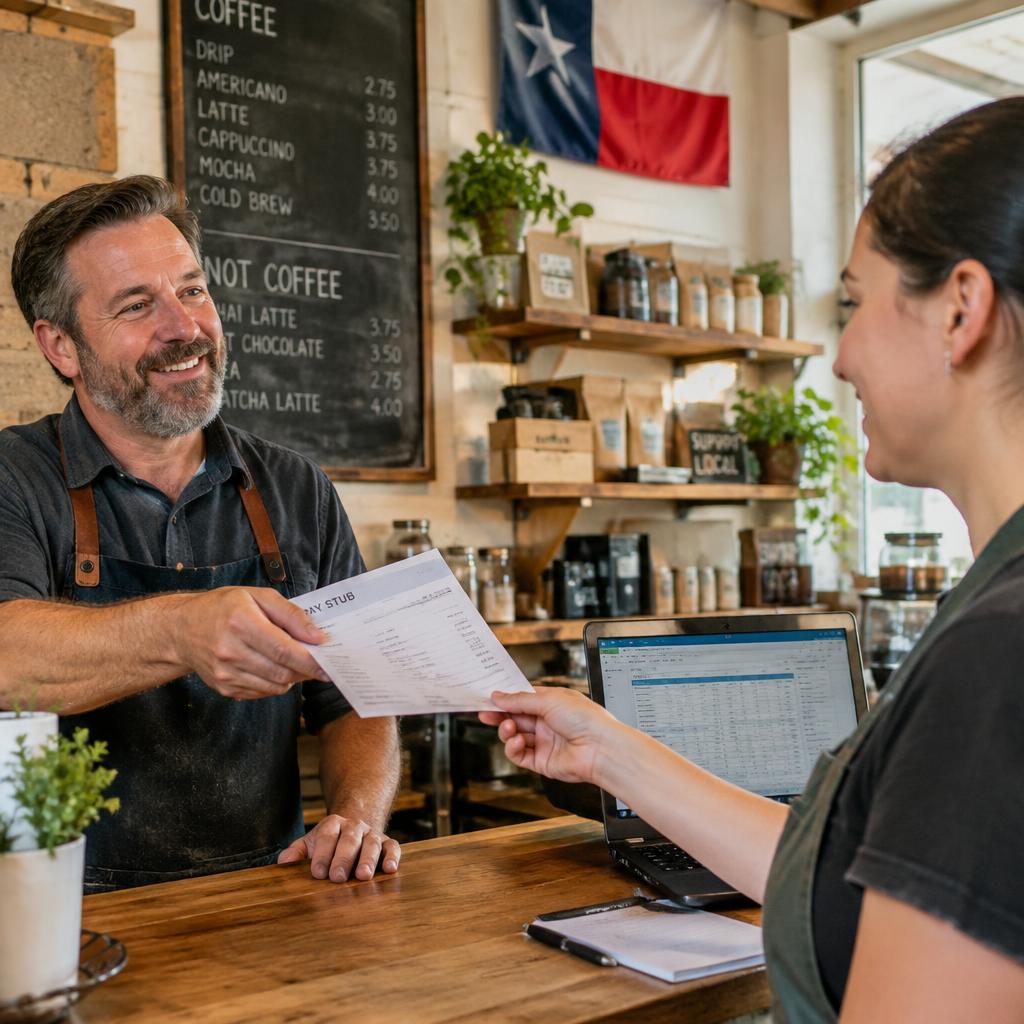 Small business owner handing a pay stub to an employee at a Texas coffee shop